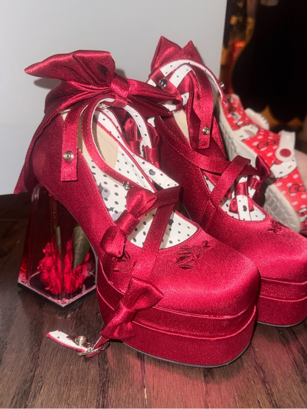 Red Satin Platform Mary Jane Heels with Bow Accent
